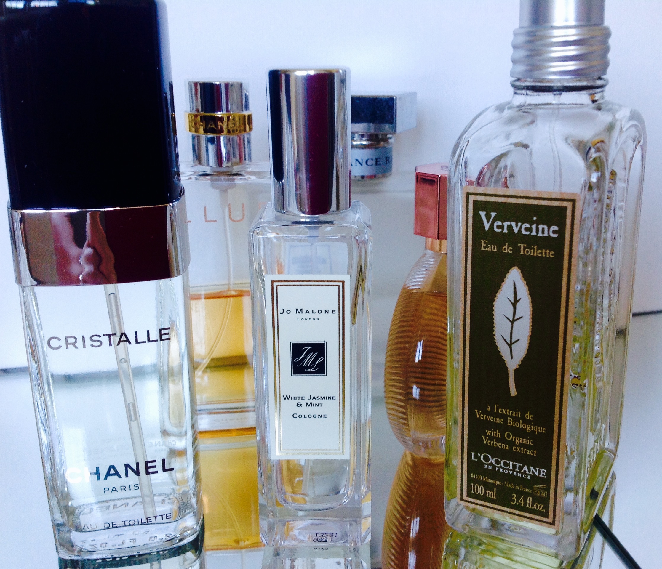 Perfume, Jo Malone Jasmine and Mint Cologne, Chanel Crystalle, L'occitane Vervine
